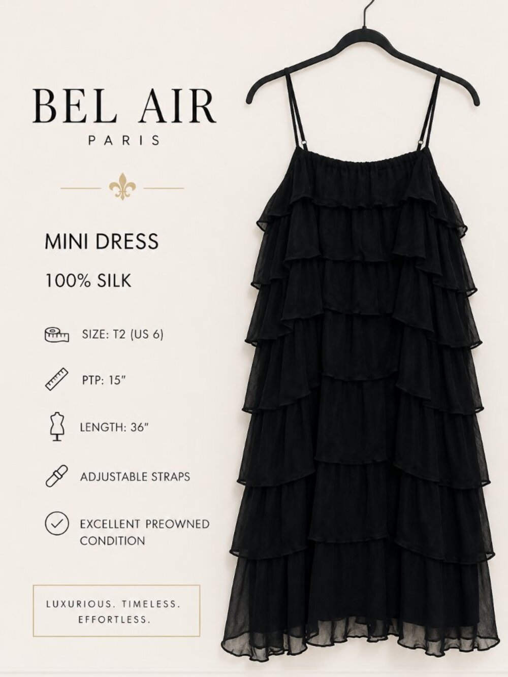 Bel Air Paris 100% Silk Mini Dress T2 US 6 Black Tiered Ruffle Adjustable Strap